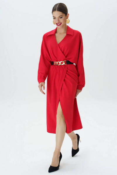 Красное платье с поясом и длиной миди Urs 23-269-1 - фото 2