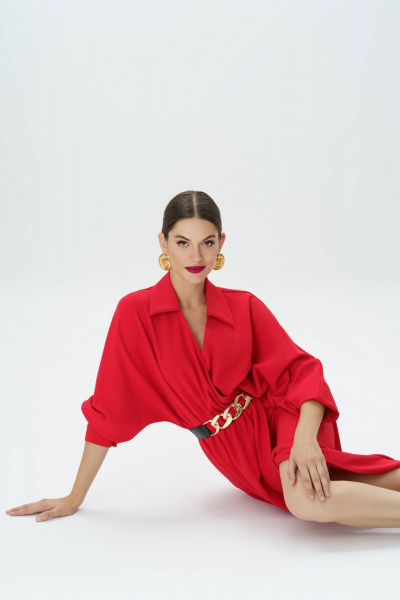 Красное платье с поясом и длиной миди Urs 23-269-1 - фото 4