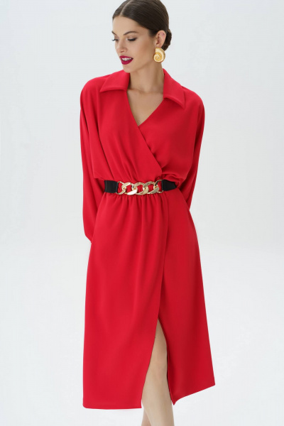 Красное платье с поясом и длиной миди Urs 23-269-1 - фото 3