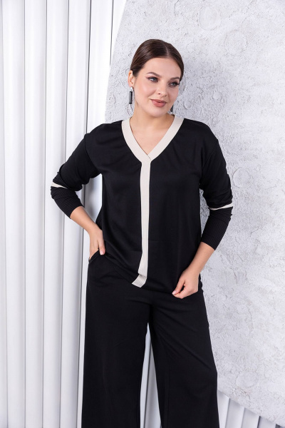 Черный трикотажный свитшот с рельефом и длинным рукавом ASV 2669 черно-бежевый - фото 1