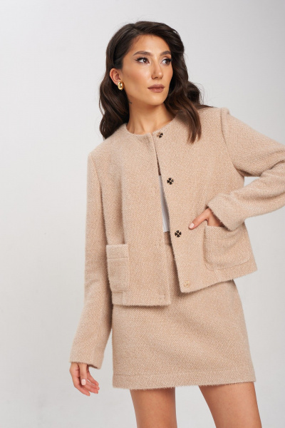 Двойка бежевый костюм из пушистого трикотажа Mixan 4044 - фото 5