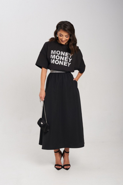 Черная юбка А-силуэта с серебристым кантом и карманами Mixan 6007 - фото 2