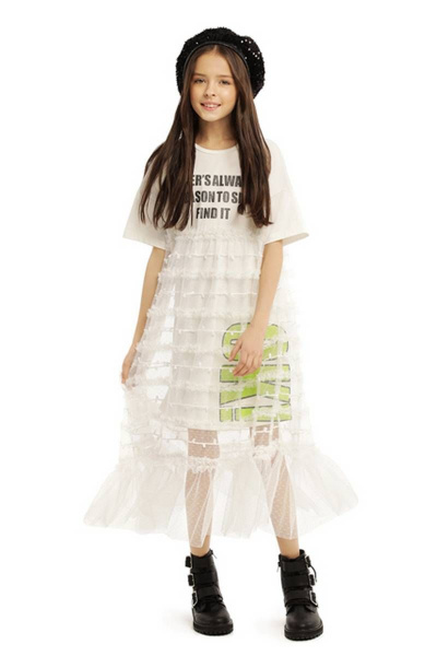 Платье для девочки удлиненное с рюшей из сетки Bell Bimbo 200214 молоко - фото 1