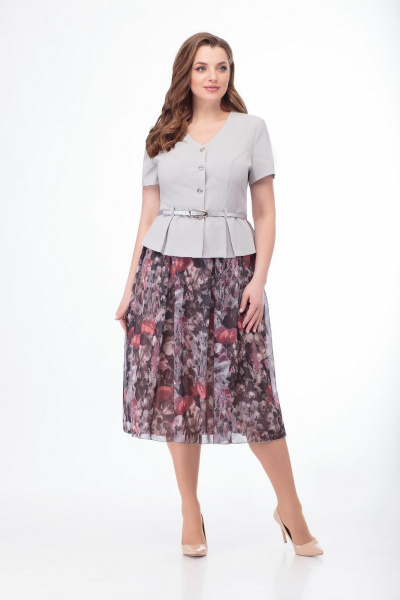 Комплект из жакета и юбки из легкой ткани с рельефами Anelli 690 серый_маки - фото 1