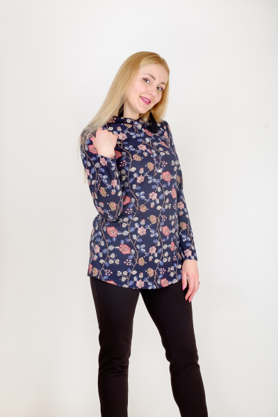 Круглогодичная туника с рукавом летучая мышь и разрезами по бокам Mita ЖМ901 синий+цветы - фото 1