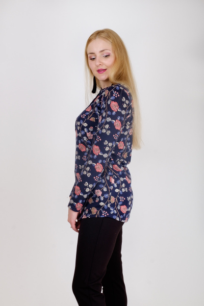 Круглогодичная туника с рукавом летучая мышь и разрезами по бокам Mita ЖМ901 синий+цветы - фото 4