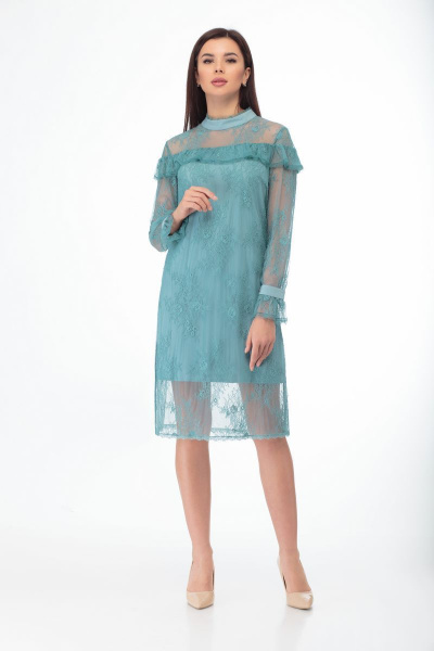 Платье из кружевного полотна с воланами и пуговицами Anelli 684 бирюза - фото 1