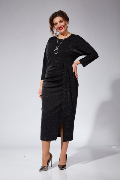 Платье нарядное трикотажное с драпировками и запахом VI ORO VR-1104 черный - фото 4