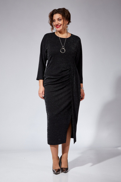 Платье нарядное трикотажное с драпировками и запахом VI ORO VR-1104 черный - фото 2