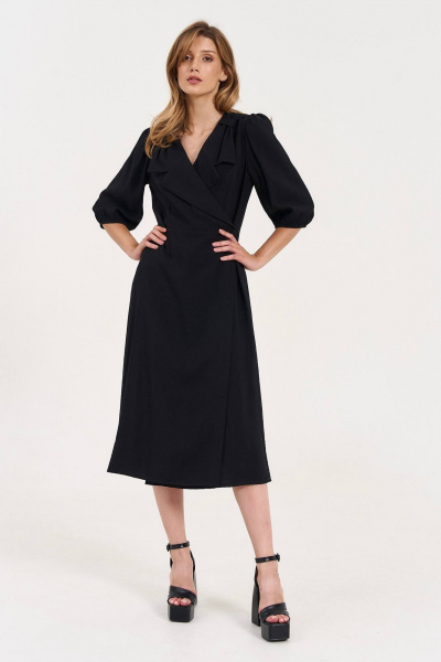 Платье вискозное с воротником и карманами для делового стиля LeNata 11342 черный - фото 2