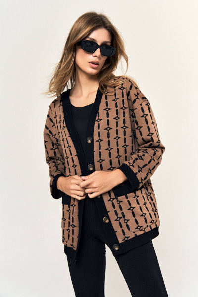 Демисезонный трикотажный кардиган с карманами LeNata 11351 коричневый-в-рисунок - фото 3