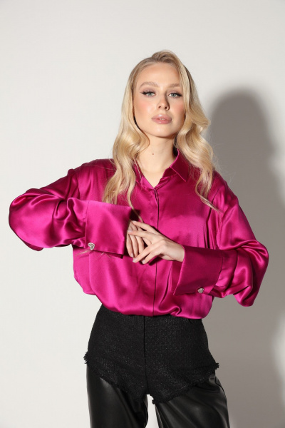 Круглогодичная шелковая блуза свободного кроя с пуговицами-запонками LM БФ1630 фиолетовый - фото 1
