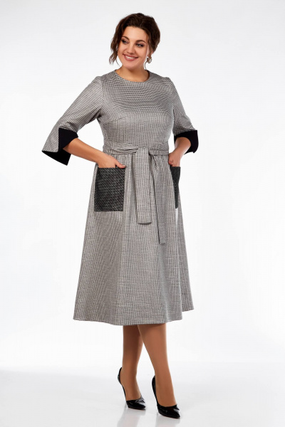 Платье демисезонное с накладными карманами и поясом Ольга Стиль С-832 беж-черный - фото 4