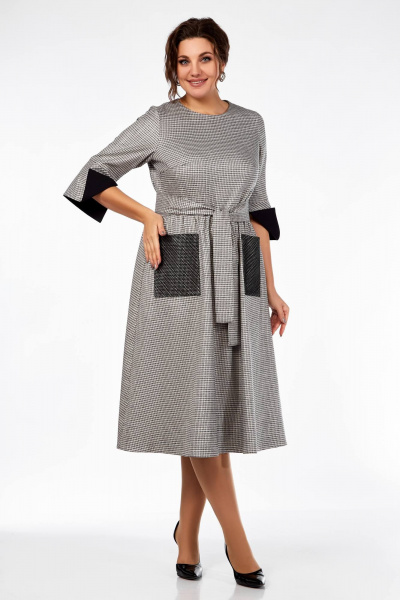 Платье демисезонное с накладными карманами и поясом Ольга Стиль С-832 беж-черный - фото 3