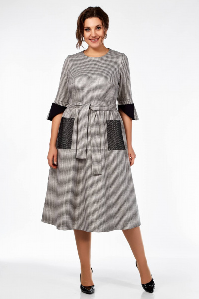Платье демисезонное с накладными карманами и поясом Ольга Стиль С-832 беж-черный - фото 1