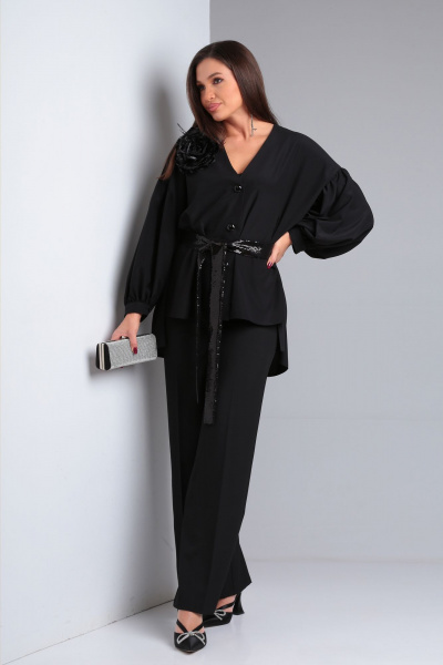 Oversize классический костюм блуза с объемными рукавами DOGGI 2925 черный - фото 7