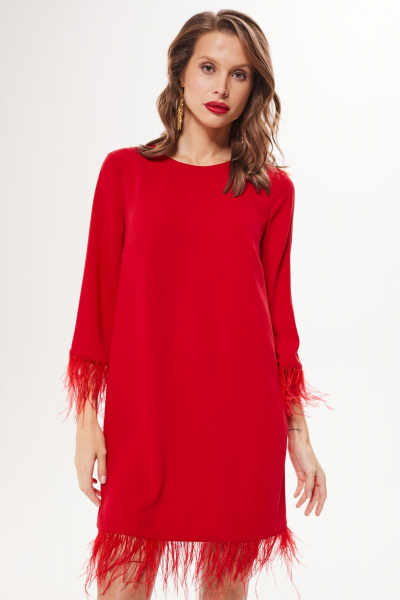 Платье А-силуэта из текстиля с тесьмой из страусиных перьев DAVA 1201 красный - фото 3