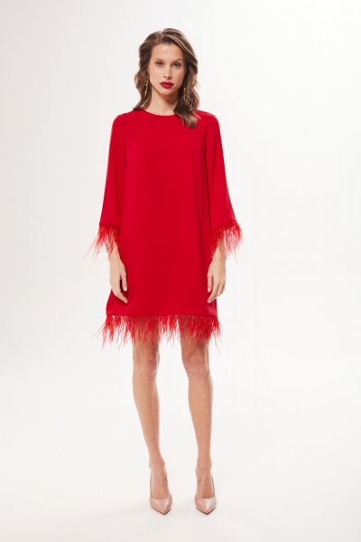 Платье А-силуэта из текстиля с тесьмой из страусиных перьев DAVA 1201 красный - фото 1