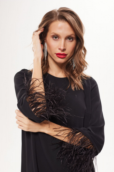 Платье с тесьмой из страусиных перьев и А-силуэтом DAVA 1201 черный - фото 3