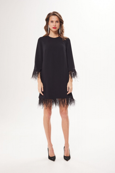 Платье с тесьмой из страусиных перьев и А-силуэтом DAVA 1201 черный - фото 1