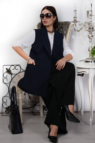 Деловой жилет из костюмной ткани длинный с острыми лацканами Patriciа NY15082 темно-синий - фото 5
