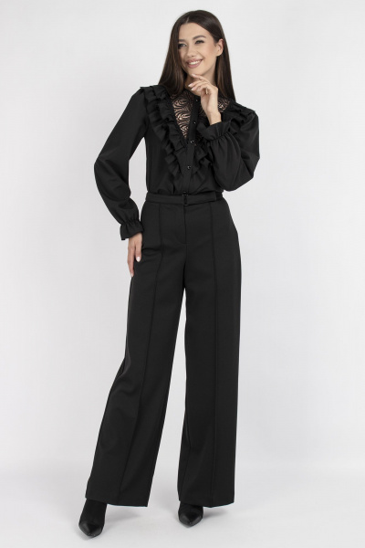 Блуза с кружева и двойными рюшами для нарядных образов VIZAVI 708 черный - фото 7