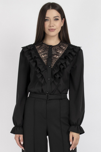 Блуза с кружева и двойными рюшами для нарядных образов VIZAVI 708 черный - фото 5