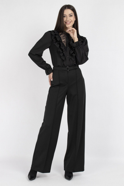 Блуза с кружева и двойными рюшами для нарядных образов VIZAVI 708 черный - фото 4