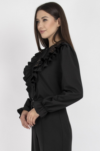 Блуза с кружева и двойными рюшами для нарядных образов VIZAVI 708 черный - фото 3