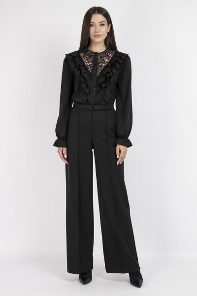 Блуза с кружева и двойными рюшами для нарядных образов VIZAVI 708 черный - фото 2