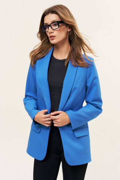 Голубой жакет на подкладке с карманами и воротником шаль LeNata 12366 лазурный - фото 4