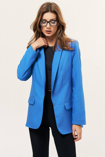 Голубой жакет на подкладке с карманами и воротником шаль LeNata 12366 лазурный - фото 3