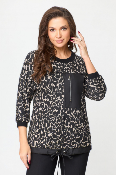 Стильная туника из трикотажа для повседневной носки DaLi 2471 чёрная+беж - фото 1