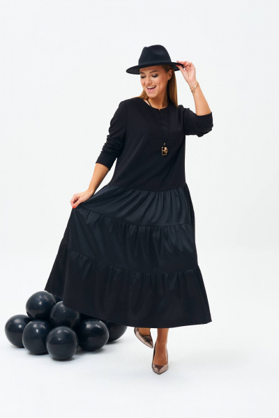 Черное платье из текстиля и трикотажа в стиле бохо TVIN 7675 черный - фото 3