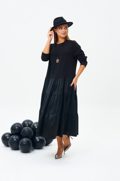 Черное платье из текстиля и трикотажа в стиле бохо TVIN 7675 черный - фото 2