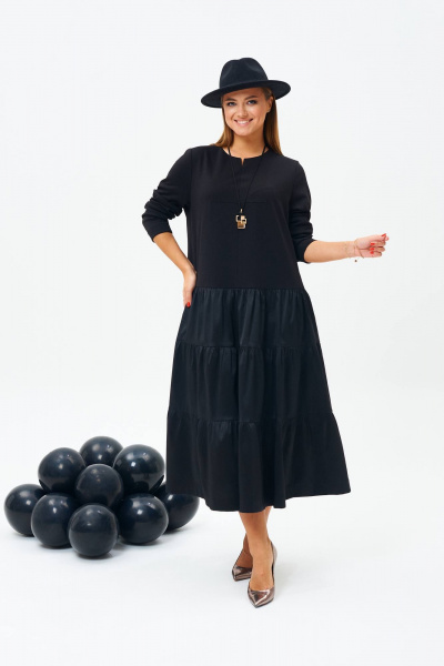 Черное платье из текстиля и трикотажа в стиле бохо TVIN 7675 черный - фото 1