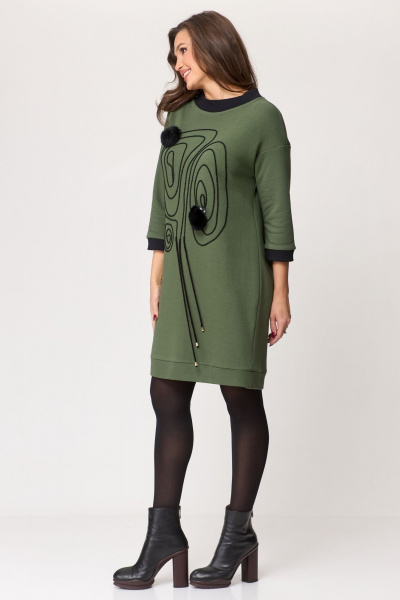 Платье трикотажное с вышивкой и манжетами, на каждый день Michel chic 2153 хаки - фото 3