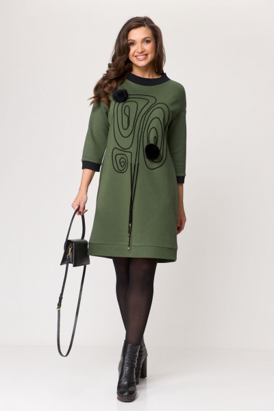 Платье трикотажное с вышивкой и манжетами, на каждый день Michel chic 2153 хаки - фото 2