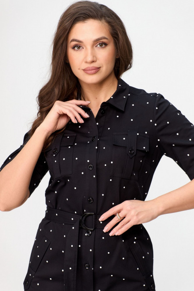 Платье сафари с карманами и поясом, в стиле демисезон БелЭльСтиль 833-29822 чернильный горох - фото 7