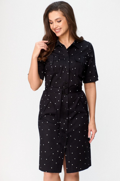 Платье сафари с карманами и поясом, в стиле демисезон БелЭльСтиль 833-29822 чернильный горох - фото 6