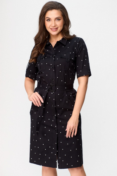 Платье сафари с карманами и поясом, в стиле демисезон БелЭльСтиль 833-29822 чернильный горох - фото 5