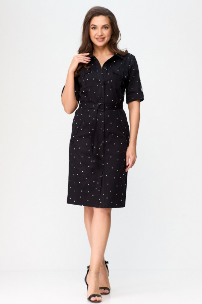 Платье сафари с карманами и поясом, в стиле демисезон БелЭльСтиль 833-29822 чернильный горох - фото 3