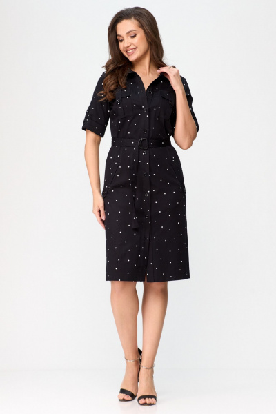 Платье сафари с карманами и поясом, в стиле демисезон БелЭльСтиль 833-29822 чернильный горох - фото 2