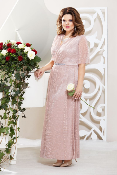 Элегантное платье на запах с плиссировкой и блестками Mira Fashion 4778-3 пудра - фото 1