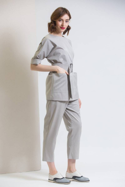 Серые укороченные зауженные брюки с поясом на резинке Ivera 683 серый - фото 1