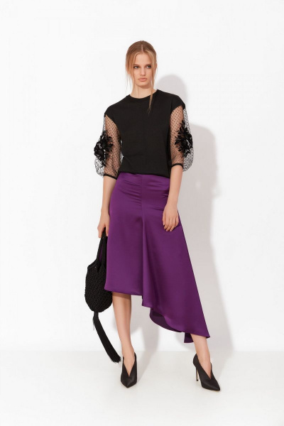 Демисезонная черная блузка из вискозы с сеткой Lakbi 51395 черный - фото 1