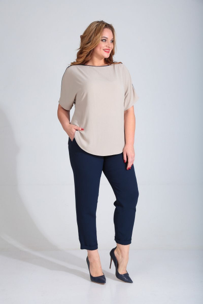 Блуза, брюки Диомант 1515 беж/синий - фото 2