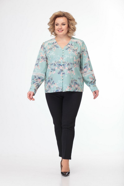 Элегантная блуза из хлопка с кружевными вставками Anelli 827 бирюза - фото 1