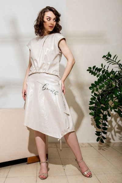 Юбка летняя бежевый лен с асимметричным низом Condra 12053 бежевый-серебристый - фото 1