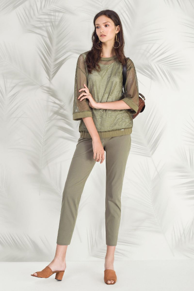 Блуза из сетки с рукавами ¾ для повседневного стиля Nelva 21582 хаки - фото 1